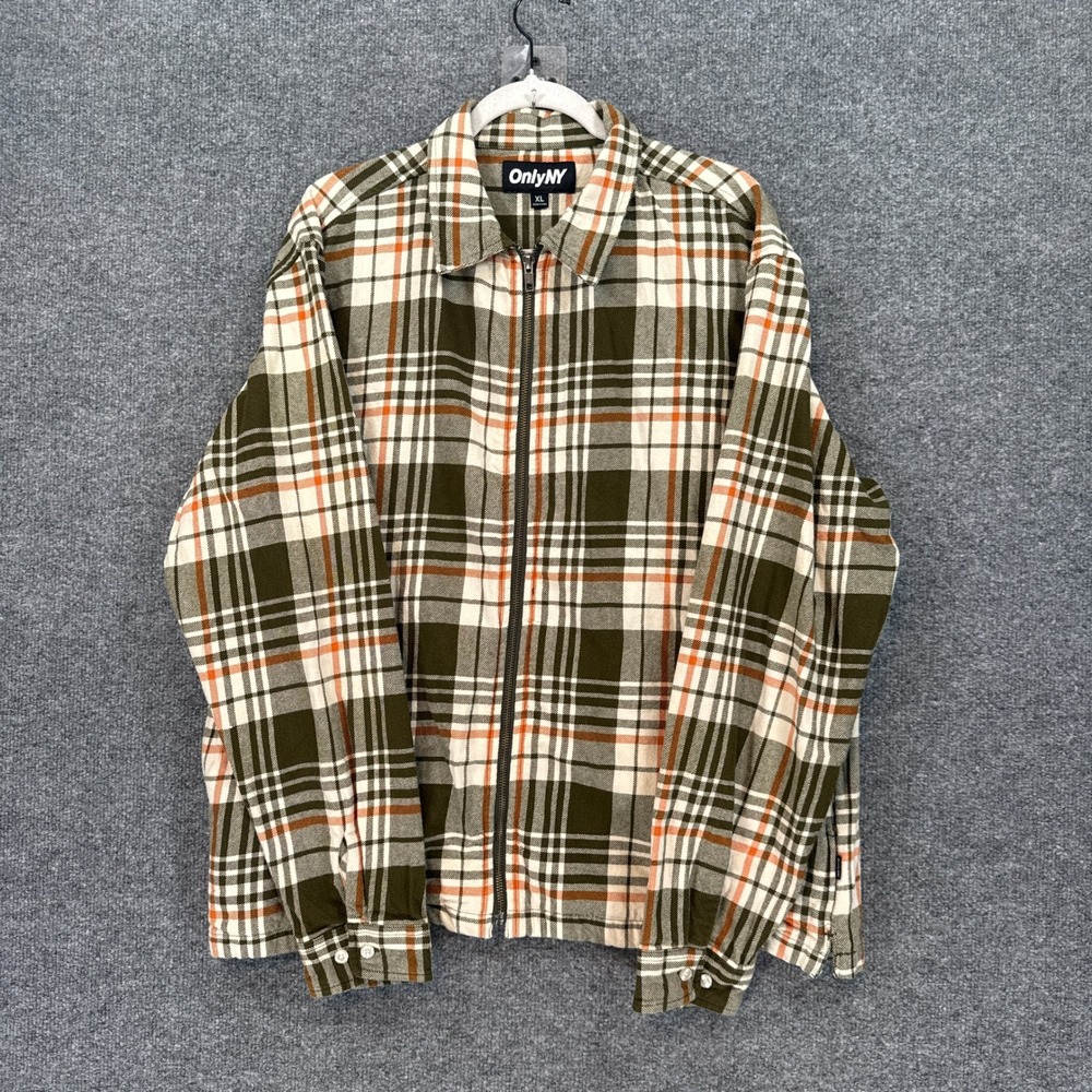 Only NY Zip Up Flannel Jacket Mens XL Green Plaid Streetwear Workwear Shacket